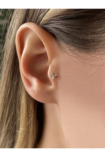 Okkostore Kadın Cerrahi Çelik Gold Rengi Tek Taş Üçgen Tragus Kıkırdak Pierci...
