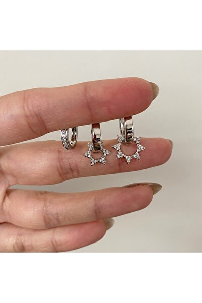 Okkostore Kadın Silver Rengi Yıldız Charmlı 3’lü Küpe Seti