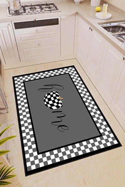 RugViva Makinede Yıkanabilen Kaymaz Tabanlı Gri Mutfak Halısı Ar381