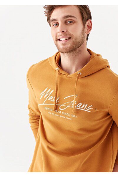 Mavi Erkek Jeans Baskılı Kapüşonlu Hardal Sweatshirt 066522-32959
