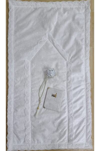 Lamazihome 4 Parça Krem Kadife Seccade Fransız Güpürlü Çeyiz Seti Cüz Tesbih