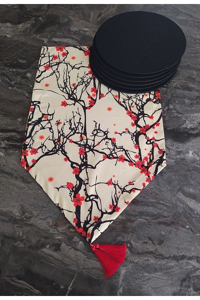 dehaberk Σετ Runner με μοτίβο Cherry Blossom + 6 τεμαχίων μαύρο αμερικανικό σερβίτσιο Supla