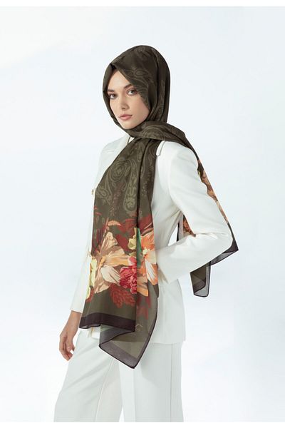 19V69 ITALIA Khaki Green Black Shawl Floral Pattern Pavia Series with Scarf Hanger and Gift Set 90x200 Cm
