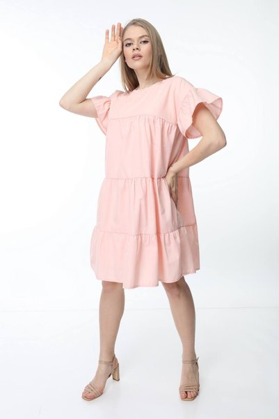 My ELİF Tekstil Women's Salmon Crew Neck Sleeve Shirred Dress