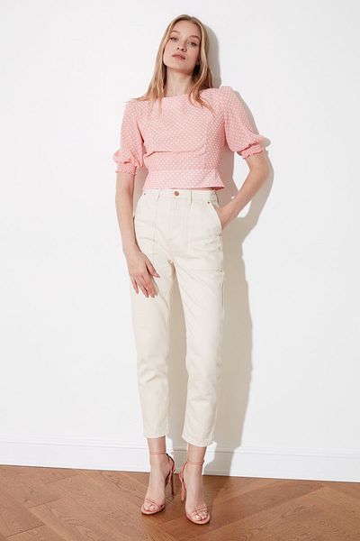 Trendyol Collection Πούδρα πουά μπαλόνι μανίκι ημιδιάφανη υφασμένη μπλούζα TWOSS20BZ0546