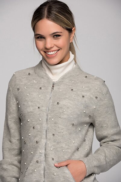 Mimoza Grauer Pearl Bomber-Strickpullover für Damen