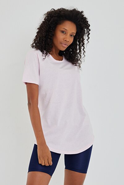 Tarz Cool تي شيرت نسائي وردي فاتح - رقبة قذرة، قصة فضفاضة KTCPS001R07S