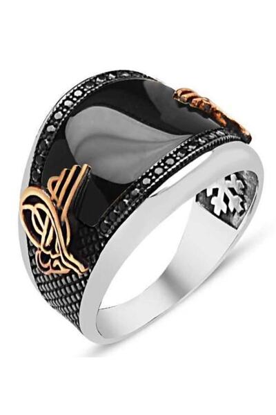 Takılingo Siyah Zirkon Osmanlı Tuğralı Taşlı Gümüş Erkek Yüzük