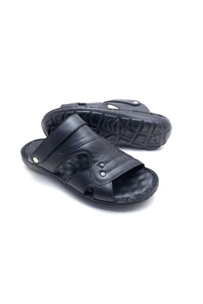 UMUT AYAKKABI Erkek Siyah Deri Ortopedik Masajlı Terlik