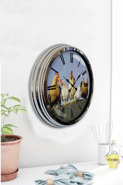 Kasva Concept Gift 40 cm Chrome Metal Rooster Wall Clock