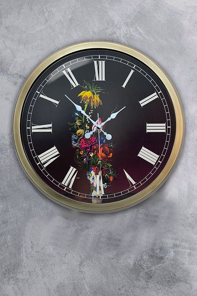 Kasva Concept Gift 40 cm Antique Metal Flower Wall Clock with Vase