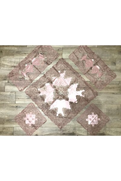 bursa çeyiz Koyu Pudra Azra Kadife Fransız Dantelli 5 Parça Salon Takımı