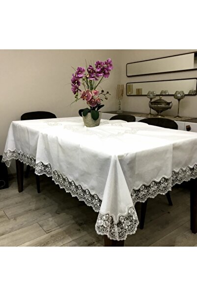 bursa çeyiz Keten Fransız Dantelli Masa Örtüsü Ortası Göbekli Ağır Model Pikolu