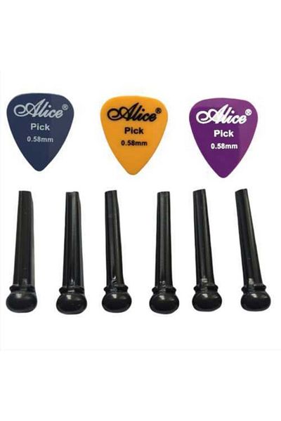 Alice Acoustic Threshold Pin Endpin Set of 6 Acoustic Guitar Bridge Pin + 3 Plectrums