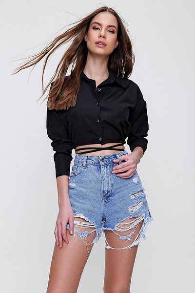 Trend Alaçatı Stili Hemd - Schwarz - Slim Fit