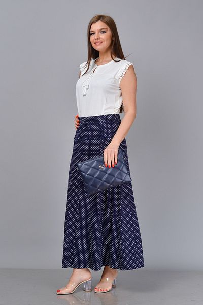 TUSSE Women's Navy Blue Polka Dot Patterned Elastic Waist Pieced Woven Large Size Skirt