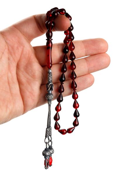 OTTOTESBİH Ασημένια φούντα με κρεμαστό κόκκινο κεχριμπαρένιο ροζάριο