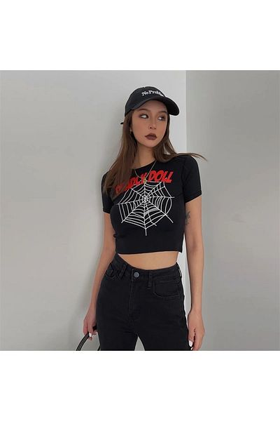 Gofeel Deadly Doll Patterned Black Color Harajuku Women's Crop Blouse T-Shirt