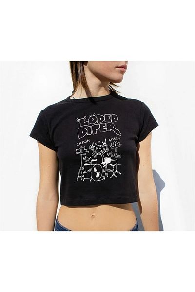 Gofeel Löded Bottom Patterned Black Color Harajuku Women's Crop Blouse T-Shirt