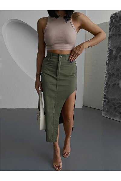 LB Laluna Butik Women's Deep Slit High Waist Midi Length Skirt Gabardine Fabric