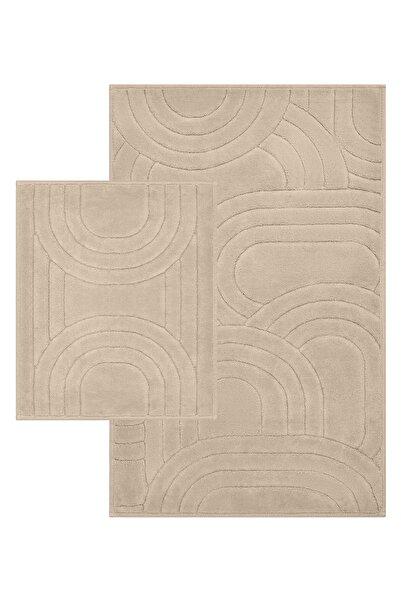 Bluenity Diamond Circle Natural Cotton 2-Piece Bath Mat Set 60X100 50X60 cm - Beige