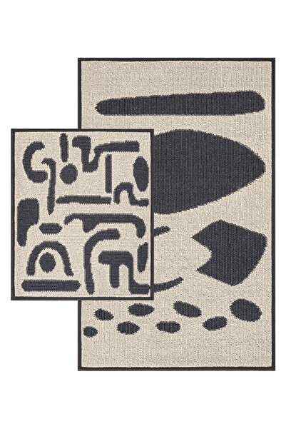 Bluenity Cool Shape Doğal Pamuklu 2'li Banyo Kilim Seti 60x100 50x60 Cm Antrasit
