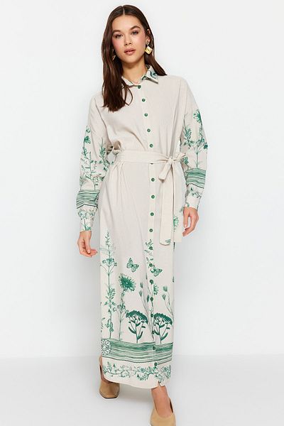 Trendyol Modest Tkané košilové šaty Ecru s květinovým vzorem TCTSS23EB00363