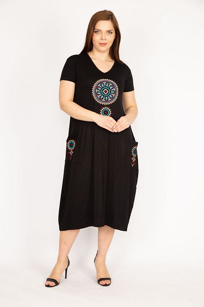 Şans Γυναικείο Φόρεμα Μαύρο Plus Size Κέντημα Λεπτομερές 65n36020