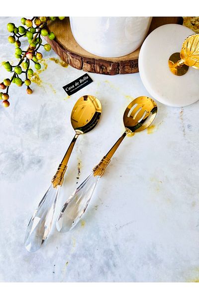 CASA DE BELLA Diamond 2 Piece Gold Salad Serving Set with Crystal Handles
