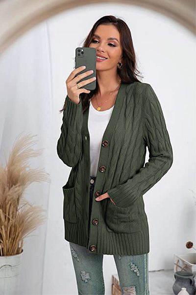 Uludağ Triko Women's Khaki Buttoned V-Neck Knitted Knitwear Cardigan