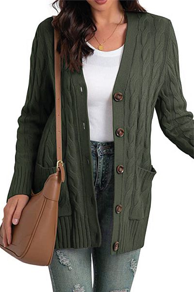 Uludağ Triko Women's Khaki Buttoned V-Neck Knitted Knitwear Cardigan