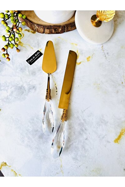 CASA DE BELLA Diamond 2 Parça Kristal Kulplu Gold Spatula Bıçak Pasta Servis ...