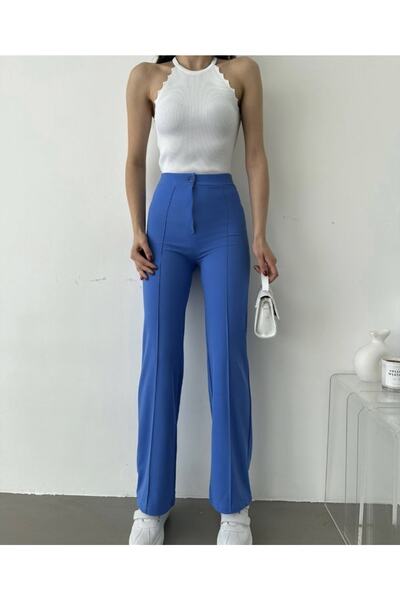 AÈC PRIVÈ Pantaloni de damă în lycra albastru cu talie înaltă cu cusătură în față
