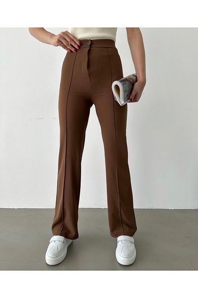 AÈC PRIVÈ Women's Brown Lycra High Waist Trousers with Stitched Front