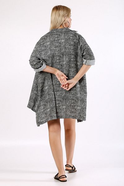 Chiccy Italian Anthracite Patchwork Collar 3/4 Sleeve Patterned Slit Woven Shirt Dress