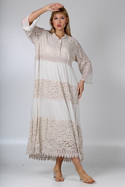 Chiccy Italské béžové tkané šaty s plným límečkem a 3/4 manžetovými knoflíčky s nařasenými rukávy a lemem