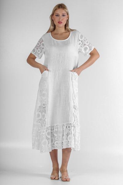 Chiccy Italian White Round Neck Short Sleeve Pocket Sleeve And Hem Linen With Lace. Woven Dress