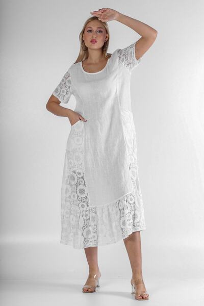 Chiccy Italian White Round Neck Short Sleeve Pocket Sleeve And Hem Linen With Lace. Woven Dress