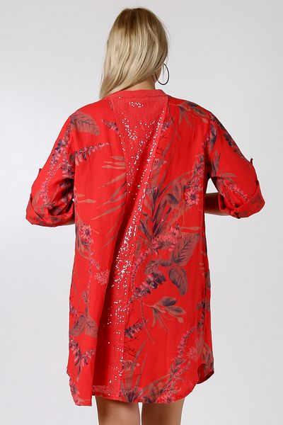 Chiccy Italian Coral Red Magnificent Collar 3/4 Sleeve Floral Double Pocket Sequined Woven Shirt Dress