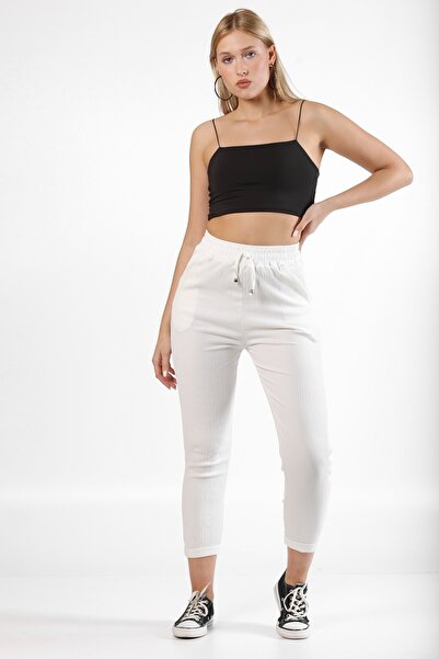 Chiccy White Textured Pocketed Elastic Waist Woven Trousers