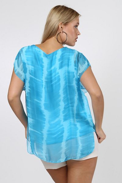 Chiccy Bluză italiană turcoaz deschis, fără mâneci, tricotată din șifon batik, cu decolteu în V