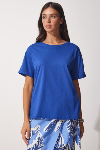 Happiness İstanbul Női kék, bő nyakú, pamut bő kötött póló UB00053