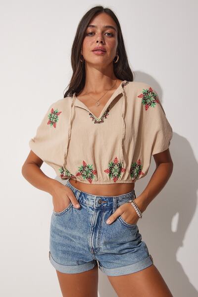 Happiness İstanbul Γυναικεία Μπεζ Κεντητή Crop Λινό Μπλούζα MX00068