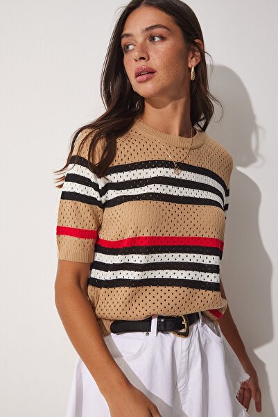 Happiness İstanbul Γυναικεία μπισκότα ριγέ καλοκαιρινά πλεκτά μπλούζα NF00048