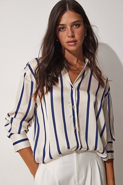 Happiness İstanbul Női krémszínű sötétkék csíkos, terített szatén ing MX00070