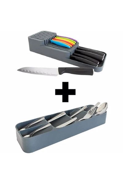 Decobella Practical 2-Row Knife Holder + 5-Compartment Drawer Spoon Holder 2-Piece Organizer Set