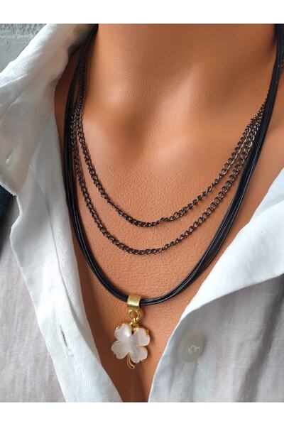 ZeynDesign Kadın Çoklu Siyah Deri Sedef Taşlı Yonca Kolye