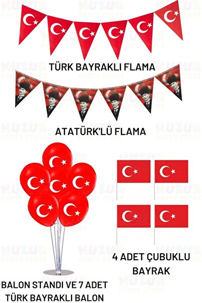 Huzur Party Store Milli Bayram Süsleme Paketi Flama Balon Standı Türk Bayrakl...