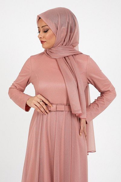 Modamihram Glitzerndes Plissee-Abendkleid Puder 12240