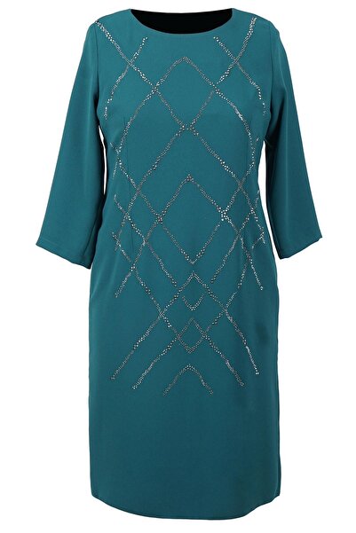 SpringStore Zümrüt Önü Taş Işlemeli Krep Abiye Elbise